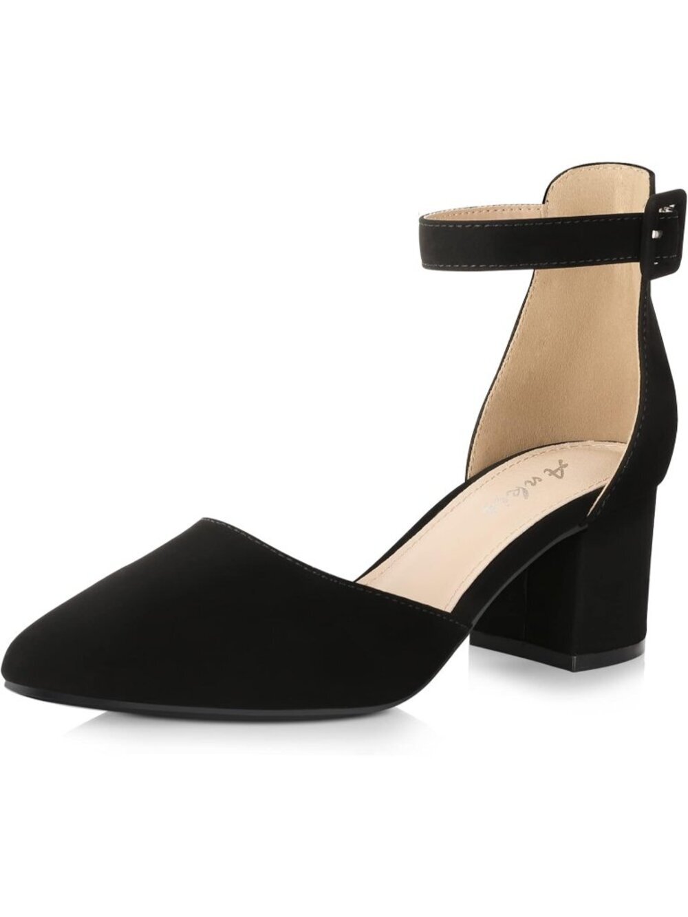 Ankis Women's Black Nu Buck Pointed Toe Low Block Chunky Heels 2.25 In